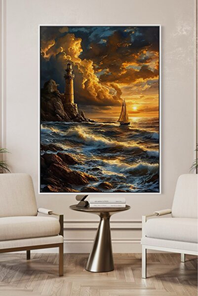 ARTAN GALLERY İtalyan Kadife Deniz Feneri ve Yelkenli Duvar Tablosu | Yağlı B...