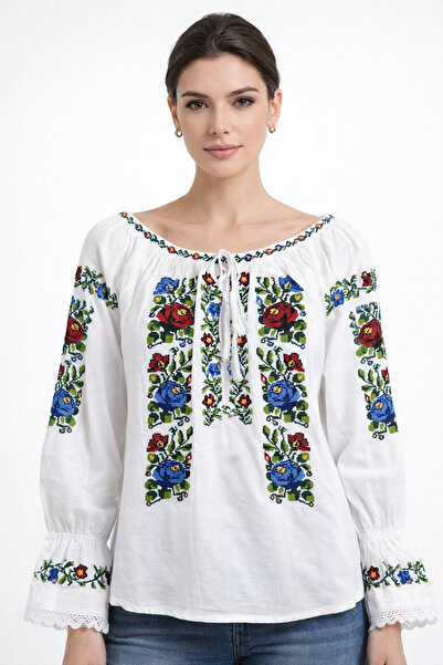 Nobrand Traditional White Dress with Multicolor Floral Embroidery, 3/4 Sleeve...