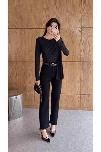 HAZELANNA Belted Black Stretch Fabric Jean