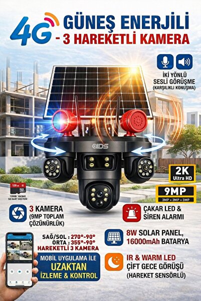 IDS 3 DÖNEN KAMERA 9MP GÜNEŞ ENERJİLİ KAMERA - SOLAR KAMERA - ÇAKAR LED - SİR...