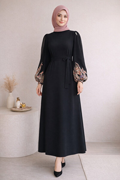 Kirazgym Women's Embroidered Tulle Lace-Up Hijab Dress - Black