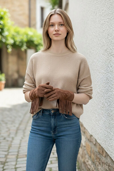 LOVE Püsküllü Kovboy Camel Süet Kadın Eldiven-Telefon ile kullanılabilir