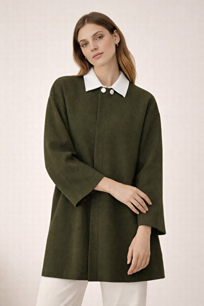 Kirazgym Knitwear Poncho Silver Color Button - Khaki