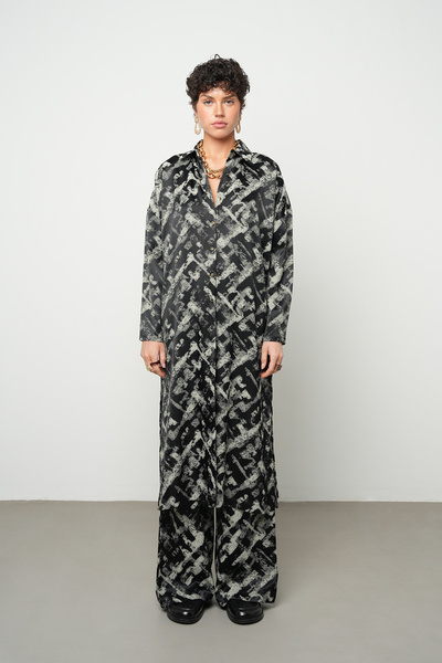 Orfeo Negro Women's Monochrome Line Patterned Stretchy Satin Look Long Tunic