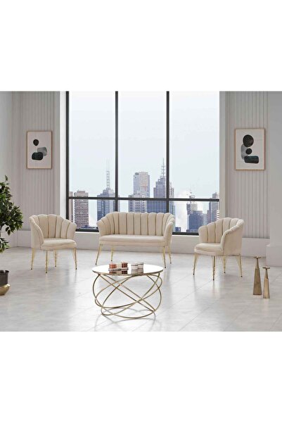 KIEZ Krem Kumaş Gold Ayaklı Ofis Koltuk Takımı Çay Seti Koltuk Takımı Dekorat...