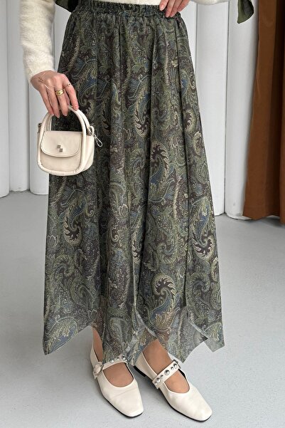 Modaensarbutik Beli Lastikli Asimetrik Kesin Şifon Etek-HAKİ YEŞİL