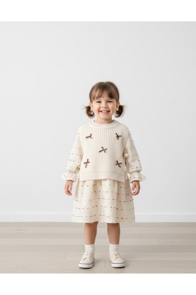 Veka Zarif Kurdeleli Krem Triko Takım
