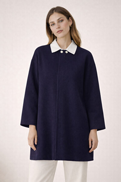 Kirazgym Knitwear Poncho Silver Color Button - Navy