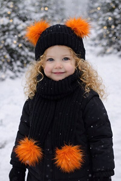 ŞAPKAKİDS Black and Orange Double Pompom Knitwear Scarf and Beanie Set