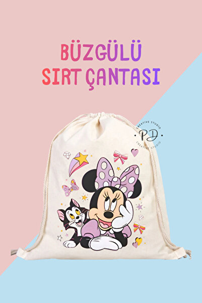 ÇANTA Purple Mickey Printed Drawstring Linen Backpack
