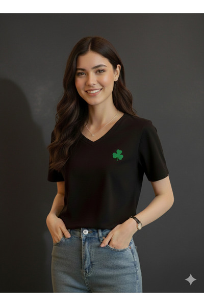JENOLAN Tricou de damă cu decolteu în V, cu imprimeu Clover, alb/negru, largi...