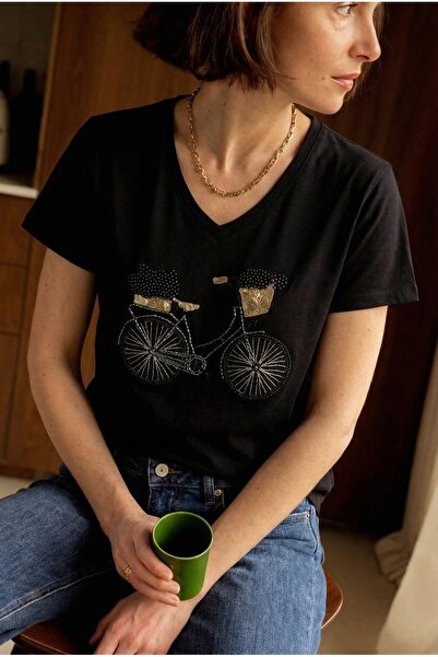 FEMELLE Women's Black V-Neck T-Shirt with Bicycle Beads and Stone Embroidery,...
