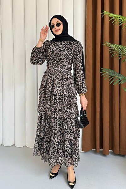 Modaensarbutik Leopar Volanlı Şifon Tesettür Elbise-TAŞ