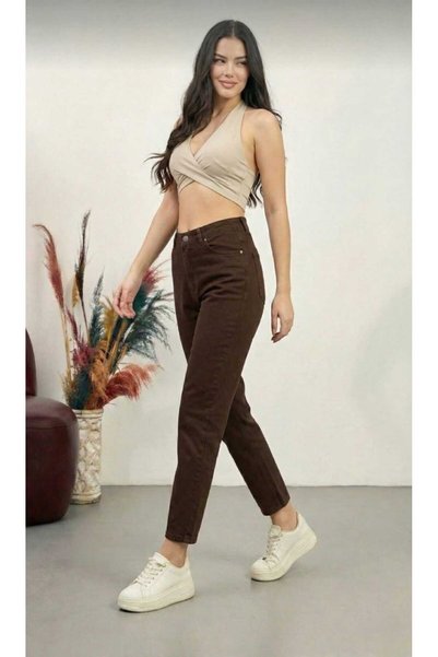 NWC Kadın Kahverengi Yüksek Bel Likralı Mom Jeans Denim Kot Pantolon