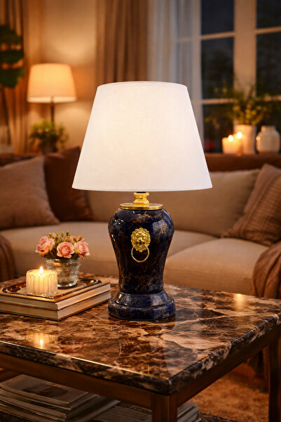 ferayhome Abajur Aydınlatma Aslanlı Şah Lacivert Mermer Beyaz Şapka Gold - Fe...