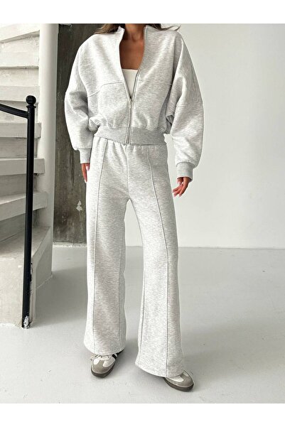 İLKCET MODA Zipper Collar Pocketless Crop Women's Top and Bottom Set