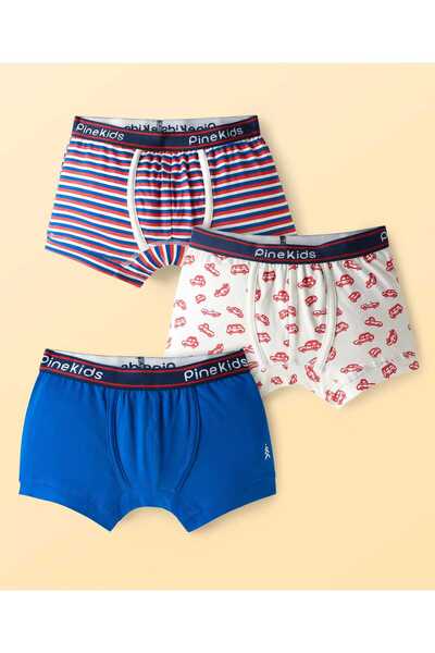 Pine kids Cotton Elastane Trunks with Stripe and Vehicle Print Pack of 3 - Mu...