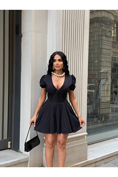 NEW JOURNAL Rochie mini neagră cu mâneci bufante cambrat în talie pentru feme...