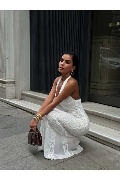 NEW JOURNAL Rochie maxi albă cu spatele gol cu detaliu la gât dantelă pentru ...