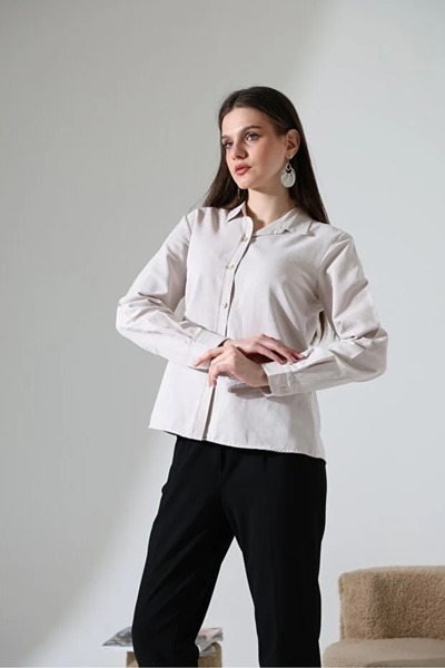 GÖMLEKÇİNİZ Women's Şamre Fabric Long Sleeve Classic Cut Shirt – Beige