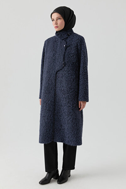 Tuğba Dik Yaka Çoban Düğmeli Kaban - Lacivert