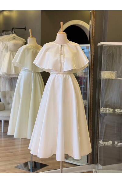 Lenta Wedding Beyaz Işık Saten Pelerinli Midi Boy Kayık Yaka Nişan Ve Gece El...
