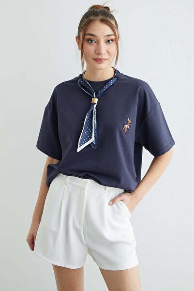 Fulla Moda Scarf Detailed Crew Neck Embroidered Oversized T-Shirt