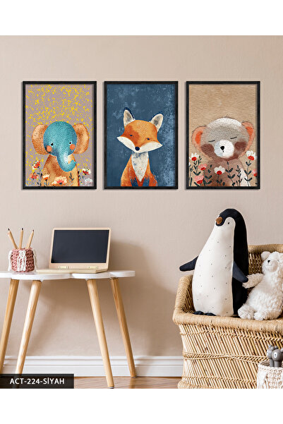 Evinemoda Детска стая с тематика животни 3-частна картина с дървена рамка ACT