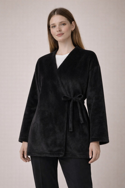 Kirazgym Women's Side-Tie Fur-Capped Jacket - Black