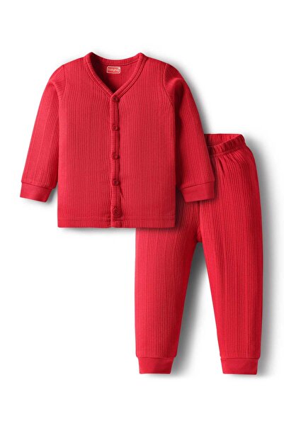 Babyhug Knit Full Sleeves Solid Front Open Thermal Vest & Pants Set - Red