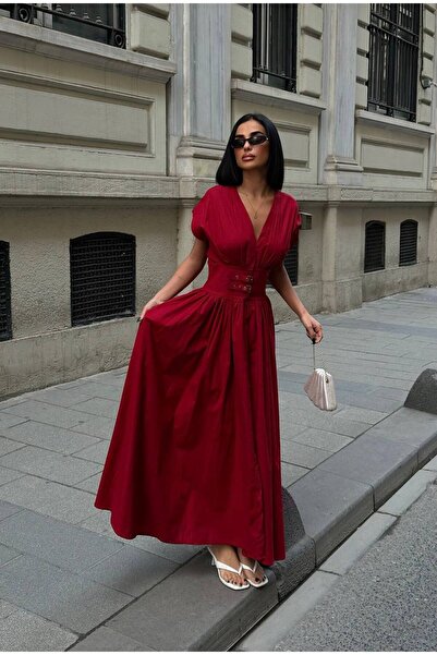 NEW JOURNAL فستان ماكسي نسائي باللون الأحمر مع حزام وياقة على شكل V وأكمام قص...