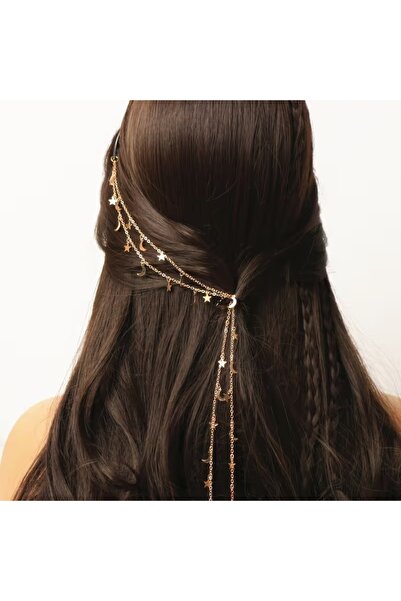 GlassySKY Accesoriu boem cu lanț de păr lung, cu semilună și stele, pentru nu...