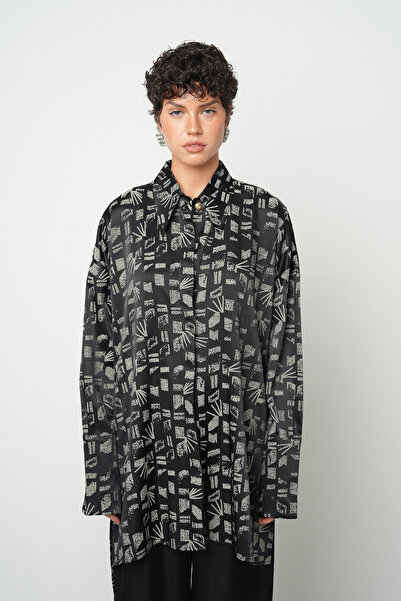 Orfeo Negro Women's Asymmetrical Cut Graphic Patterned Stretchy Satin Look Ov...