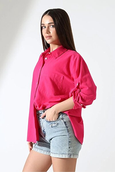 GÖMLEKÇİNİZ قميص نسائي من الكتان الفوشيا قصة فضفاضة