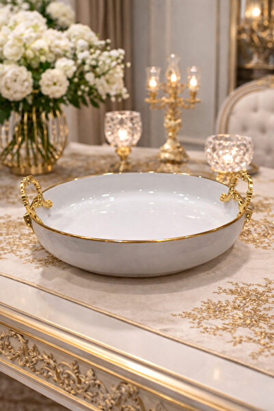 silvia home decor Porselen Sunumluk Altın Yaldızlı Metal Kulplu Meyvelik Sala...