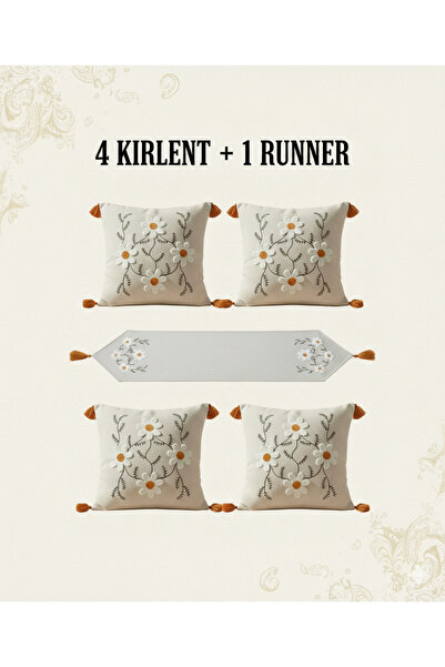 ON-ARS TEKSTİL Papatya Nakışlı 5 Parça Salon Takımı - 4 Adet Püsküllü Kırlent...