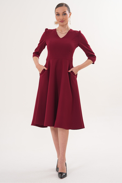 RURIS Women's Burgundy V-Neck Pocketed Three-Quarter Sleeve Midi Flared Doubl...