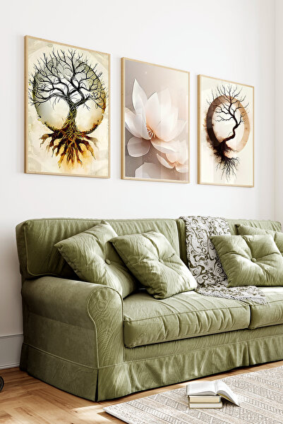 kutuTR Ahşap Çerçeveli 2D UV Baskı 3'lü Tablo set–Hayat Ağacı Ve Lotus Çiçeği...