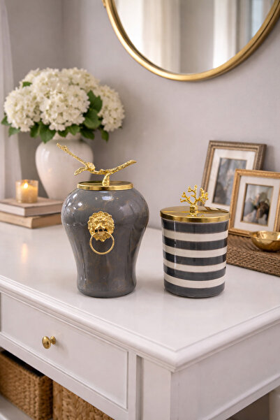 ferayhome Dekoratif Obje Aslanlı Şah Küp Gri Mermer Silindir Gri Zebra Gold -...