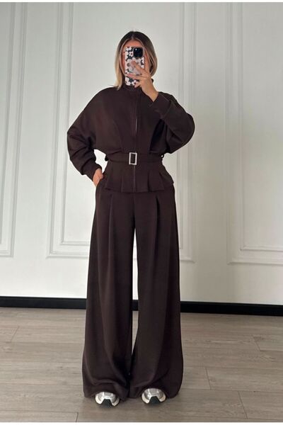 KASİDE kemerli pileli fermuarlı takım