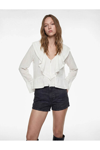 Koton Bluză albă pentru femei, cu decolteu în V și volane, amestec de viscoză...