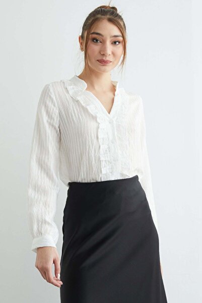 Fulla Moda Jacquard Shirt with Ruffled Stripes on the Front