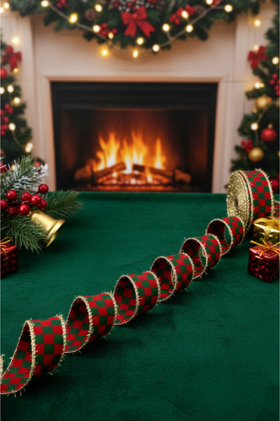 FANTASTIC KURDELE Luxury Gold Glitter Green Red Checkered Pattern Fringed Decorative Ribbon (3 cm X 1 Meter)
