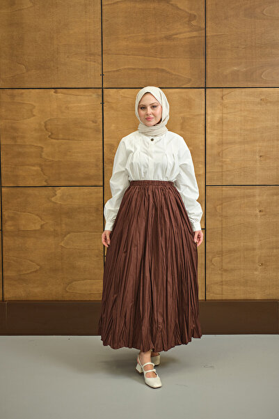 LOCCO Women's Elastic Waist Wrinkle Detail Skirt Bitter Brown