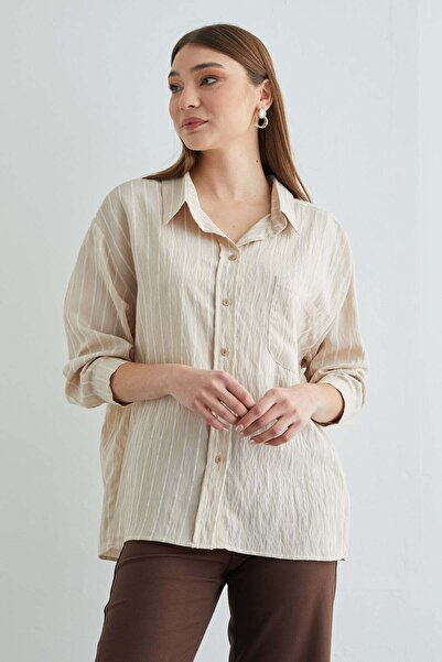 Fulla Moda Striped Crepe Fabric Single Pocket Long Loose Shirt on the Back