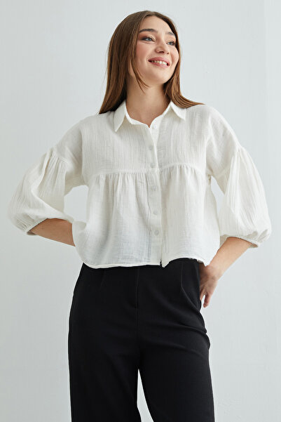 Fulla Moda Balon Sleeve Casual Muslin Fabric Shirt