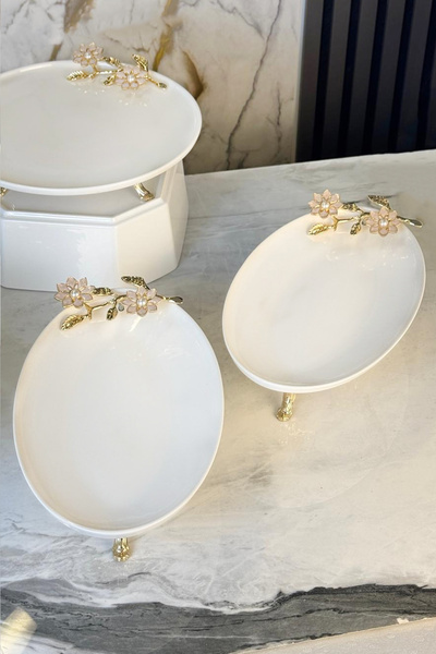 MAY HOME Flower Detailed 2-Piece Porcelain Kayık Plate & Oval Appetizer Salad...