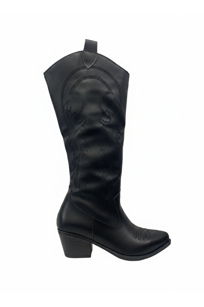 iskarpino Women's Heeled Black and White Embroidered Cowboy Boots