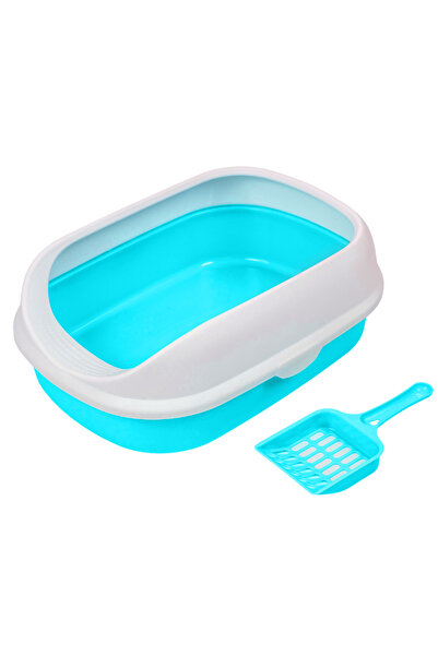 PADO صينية فضلات القطط ذات سطح منحني مع مغرفة، 41×31×14 سم - سماوي