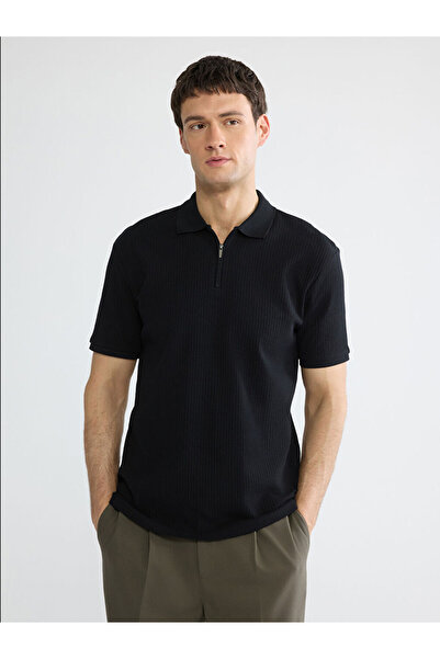 LC Waikiki Μαύρο ανδρικό πλεκτό μπλουζάκι με λαιμόκοψη πόλο κοτλέ